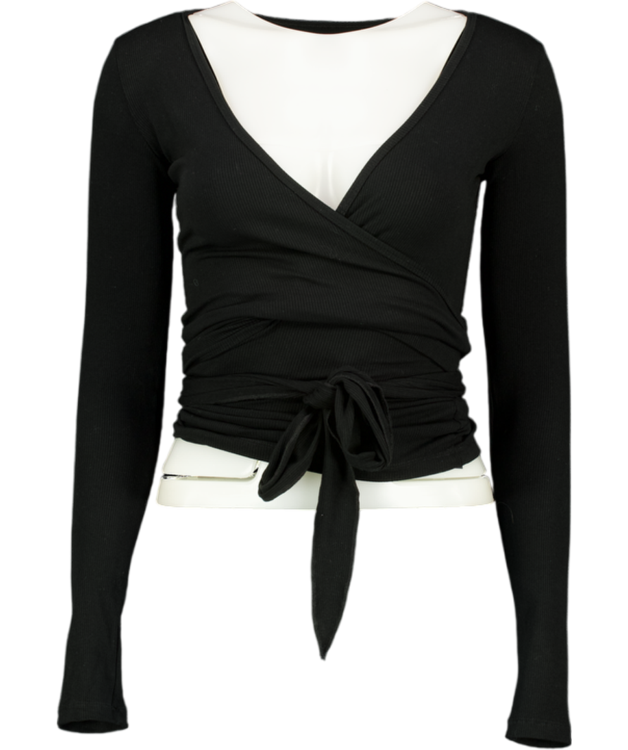 EXCECERE Black Rib Ballet Wrap Blouse UK S/M