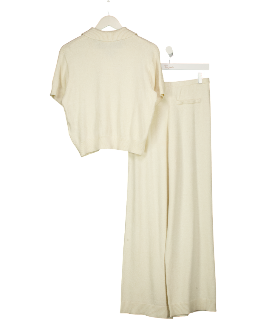 The Couture Club White Linen-cotton Gingham Long Pyjama Set With Knitted Panel Trousers UK 8