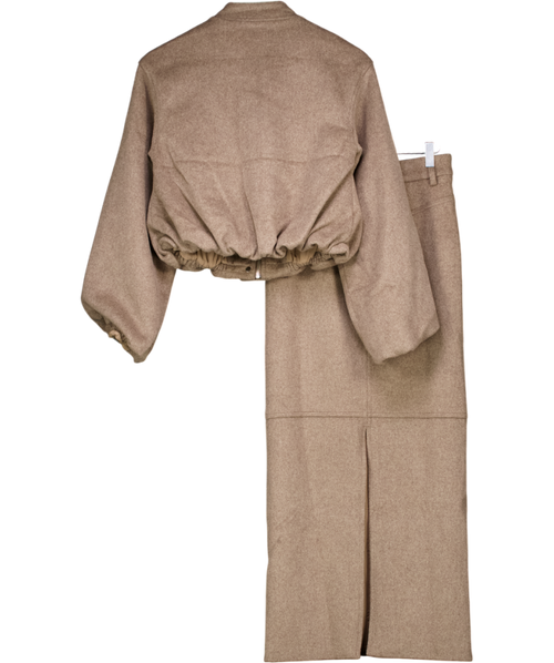 4th & Reckless Brown Wool Blend Balloon Sleeve Bomber Jacket & High Rise Maxi Skirt Set UK 6