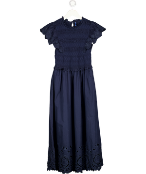 J. MCLAUGHLIN Navy Blue Shirred Bodice Cotton Broderie Midi Dress UK S