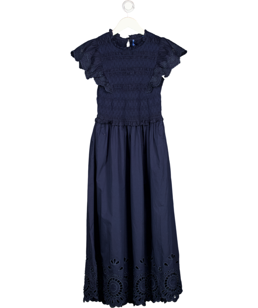 J. MCLAUGHLIN Navy Blue Shirred Bodice Cotton Broderie Midi Dress UK S