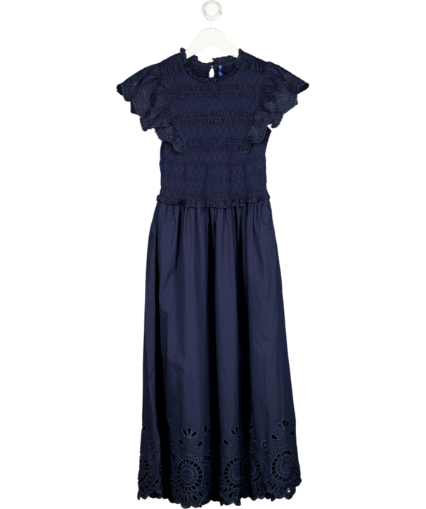 J. MCLAUGHLIN Navy Blue Shirred Bodice Cotton Broderie Midi Dress UK S