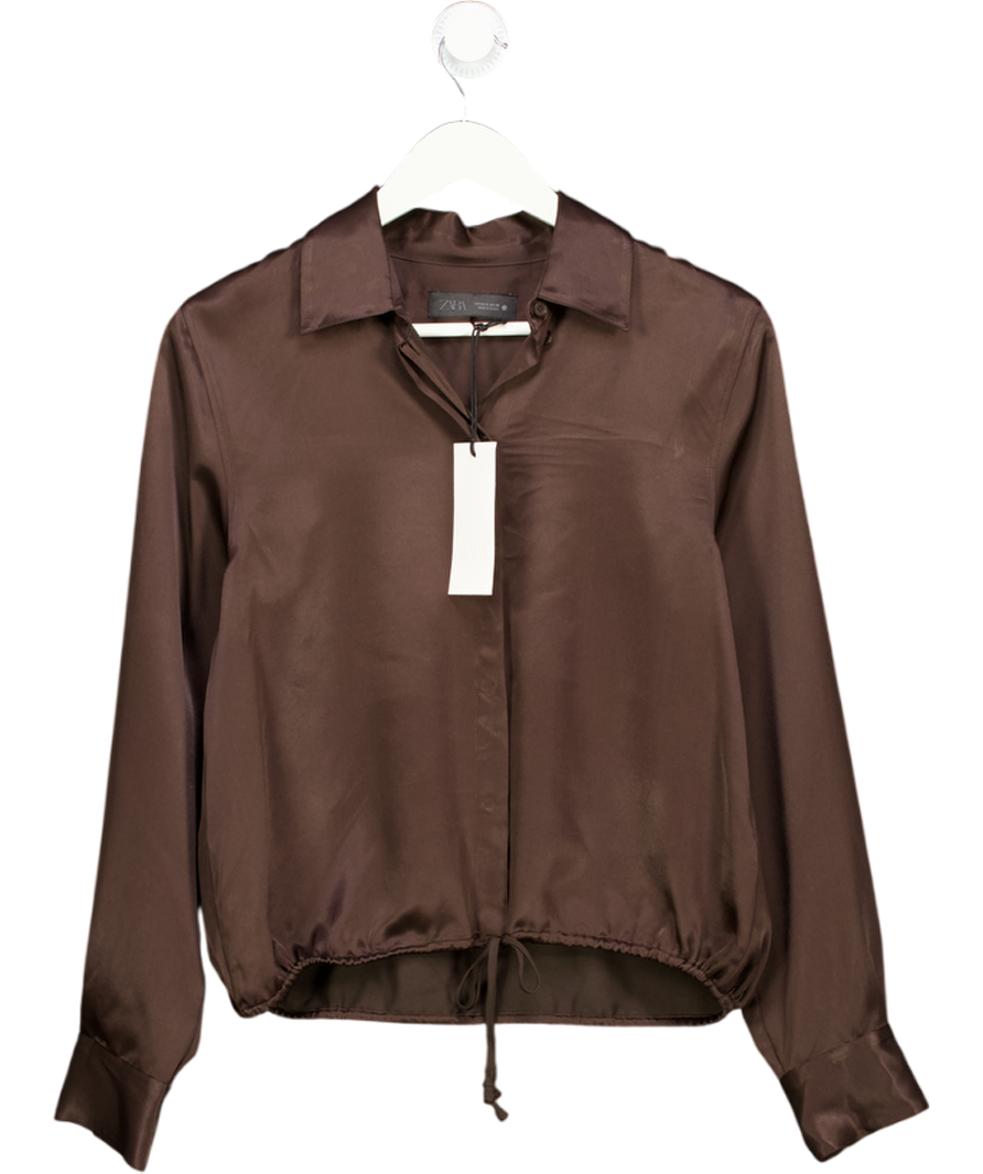 ZARA Chocolate Brown Satin Bubble Hem Shirt UK S