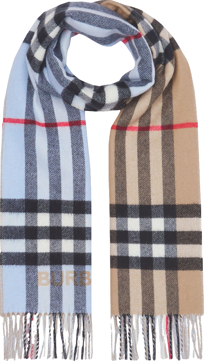Burberry Classic Beige / Blue Check 100% Cashmere Contrast Check Logo Scarf