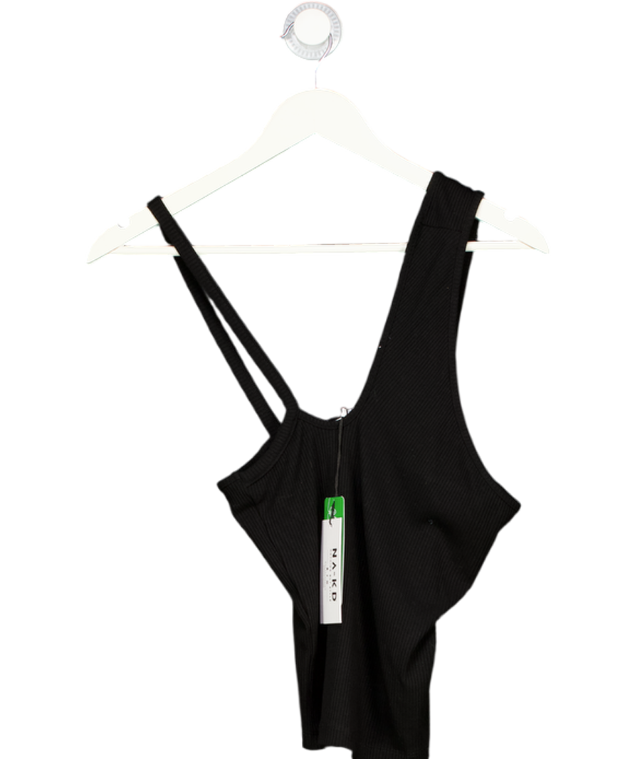 NA-KD Black Neck Detail Rib Top UK S