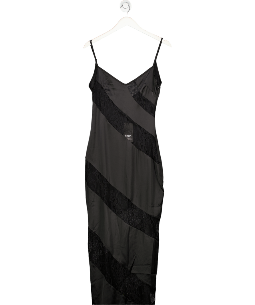 Ego Black Strappy Plunge Lace Panel Detail Maxi Dress UK 8 - Reliked