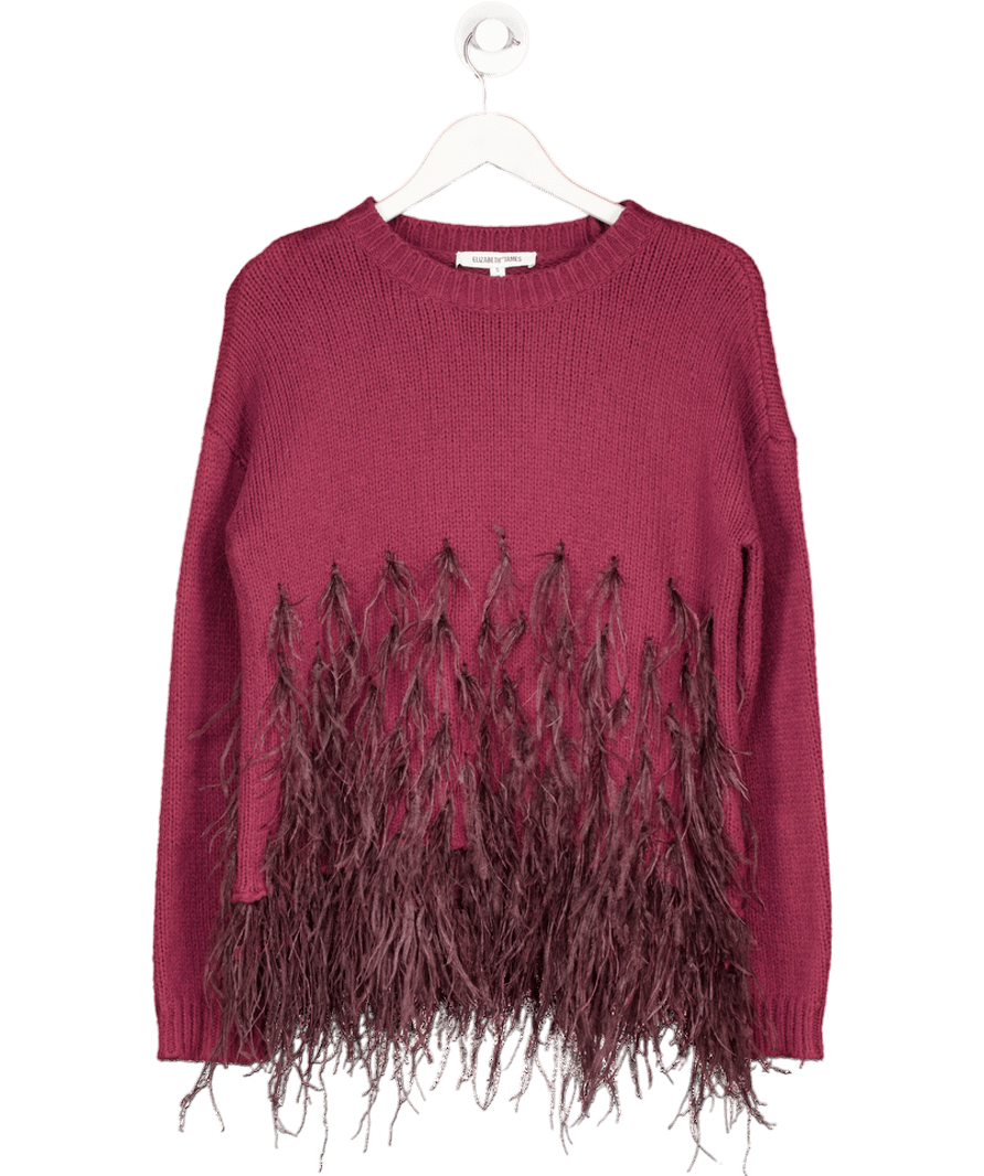 Elizabeth and James Burgundy Ostrich Feather - Trimmed Cotton - Blend Sweaterr UK S - Reliked
