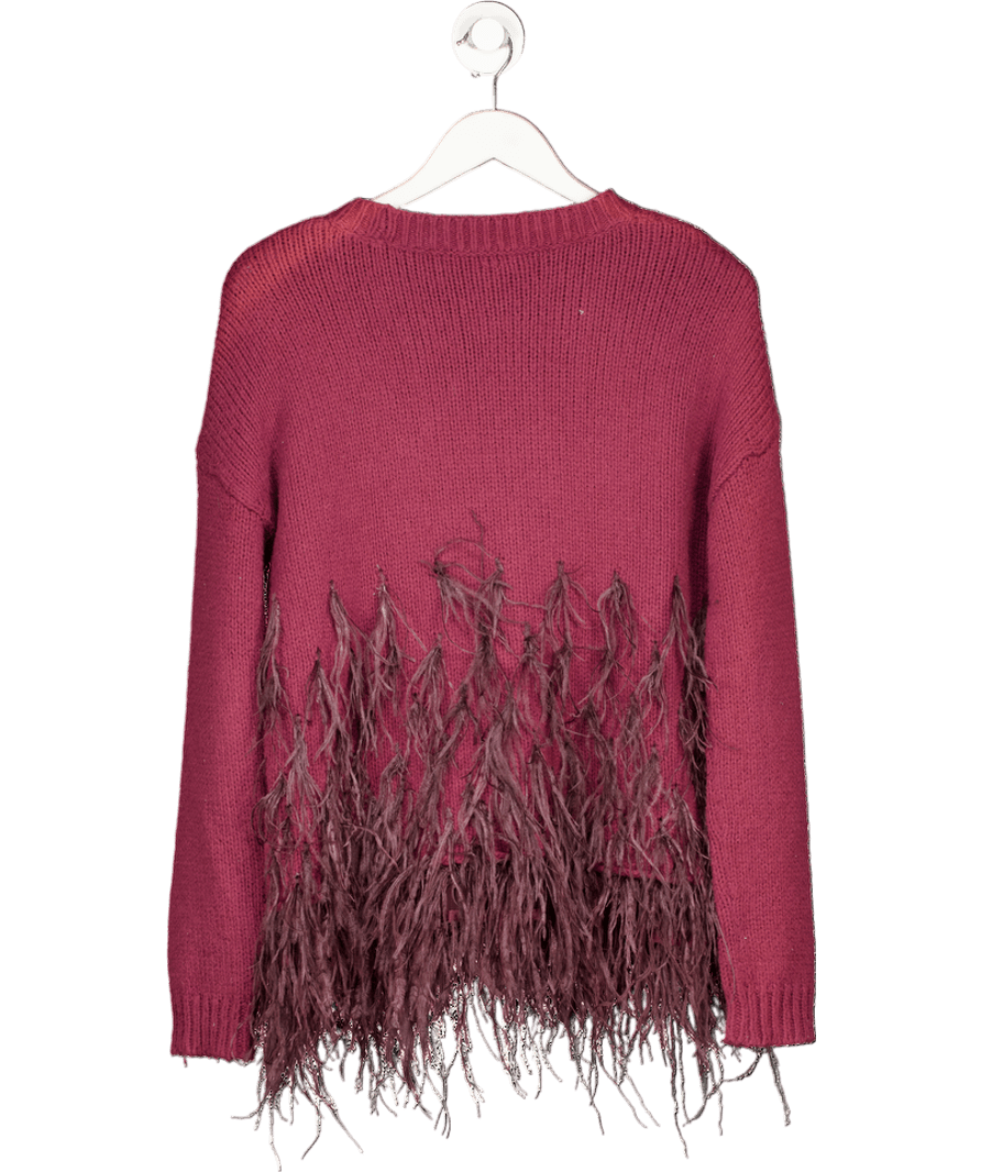 Elizabeth and James Burgundy Ostrich Feather - Trimmed Cotton - Blend Sweaterr UK S - Reliked