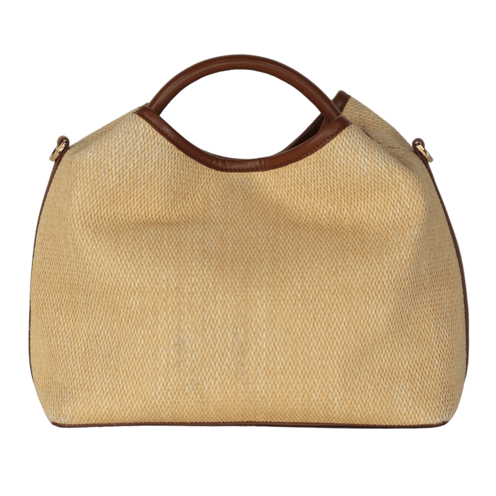 Elleme Beige Raisin Raffia/leather Natural/cognac top handle bag with shoulder strap - Reliked