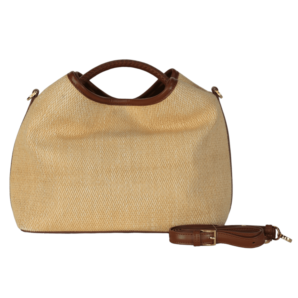 Elleme Beige Raisin Raffia/leather Natural/cognac top handle bag with shoulder strap - Reliked