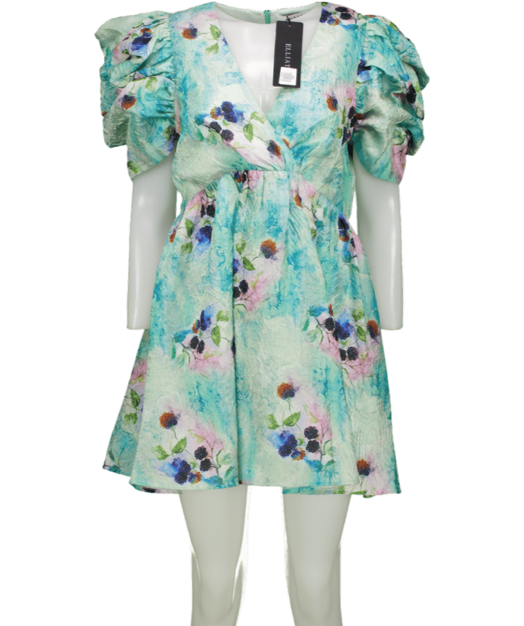 Elliatt Aqua Blue Floral Puff Sleeve Radiant Dress UK 14 - Reliked