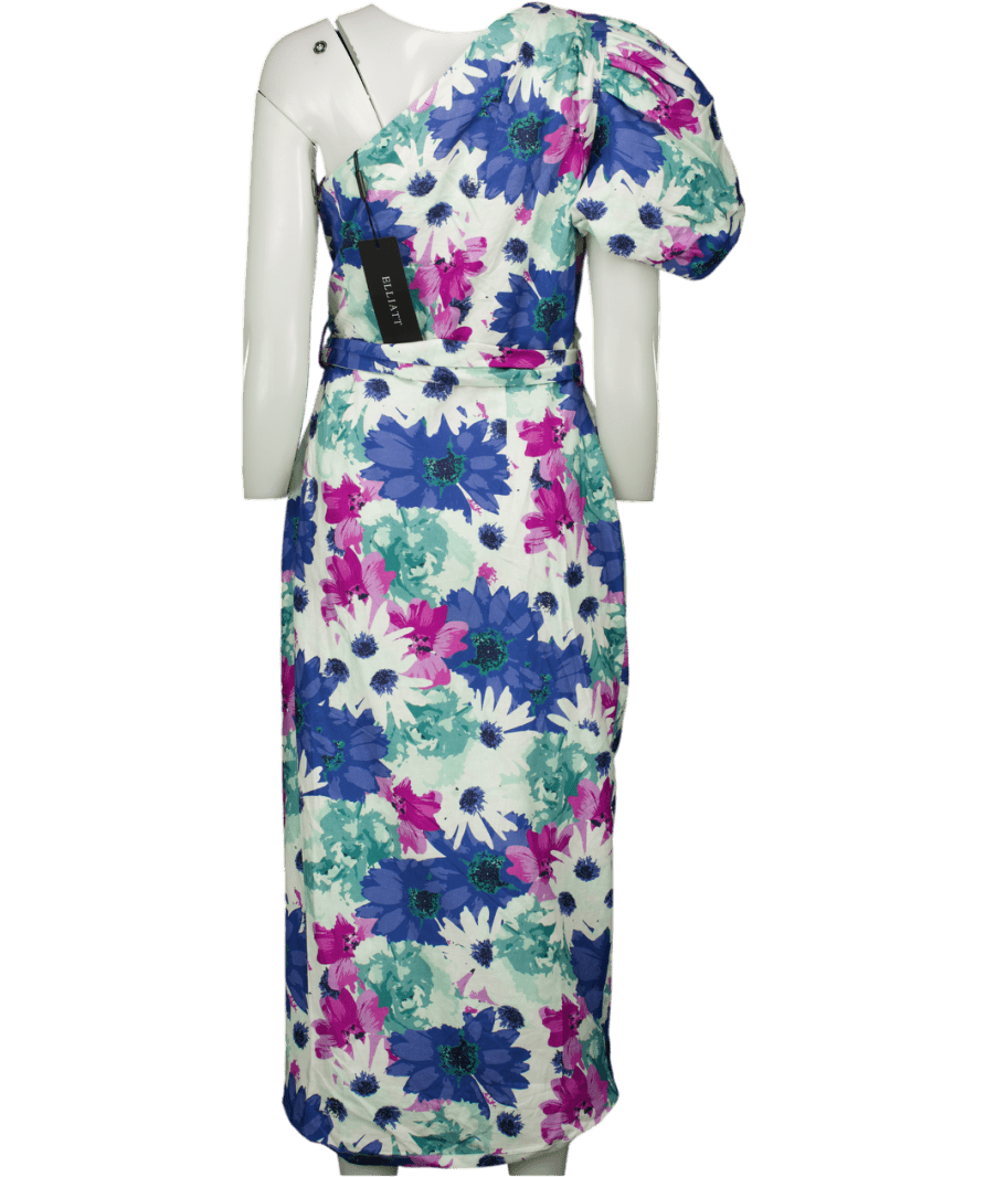 Elliatt Blue Linen Floral One Shoulder Dress UK 12 - Reliked