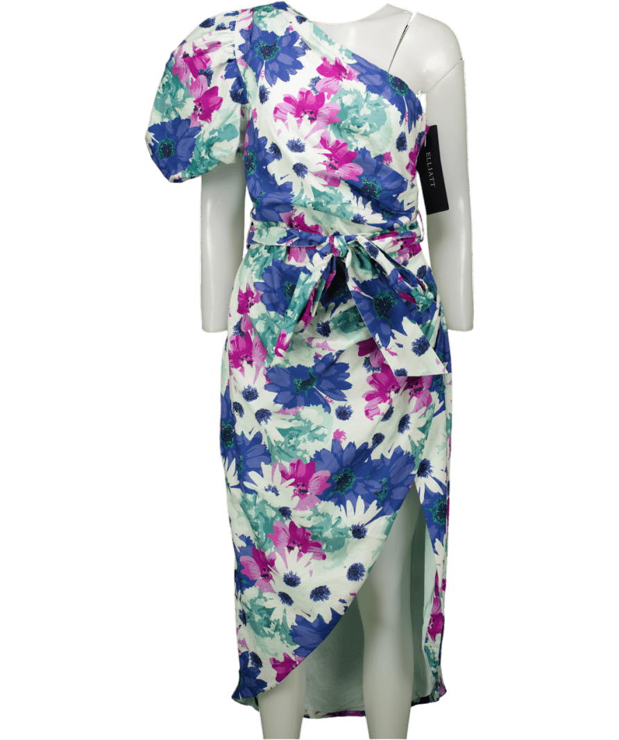 Elliatt Blue Linen Floral One Shoulder Dress UK 8 - Reliked