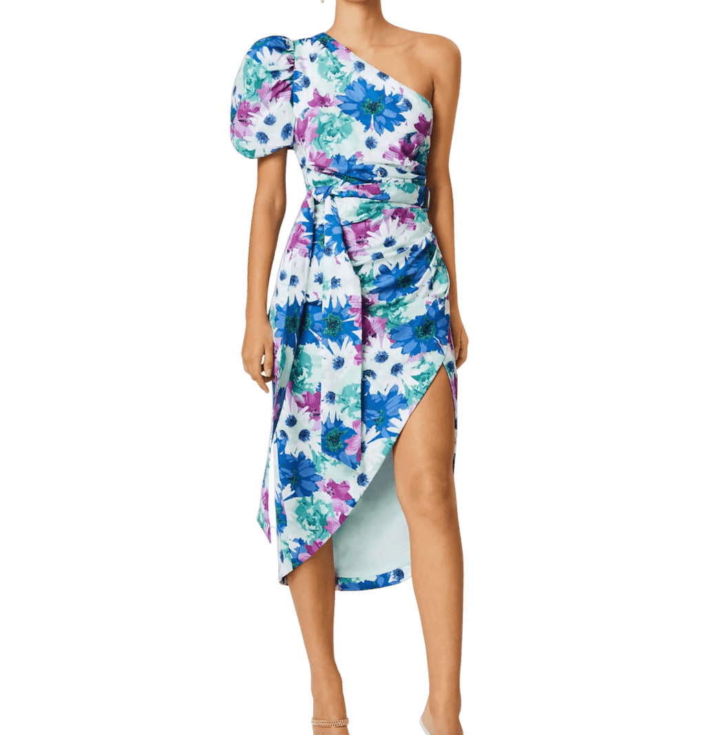 Elliatt Blue Linen Floral One Shoulder Dress UK 8 - Reliked