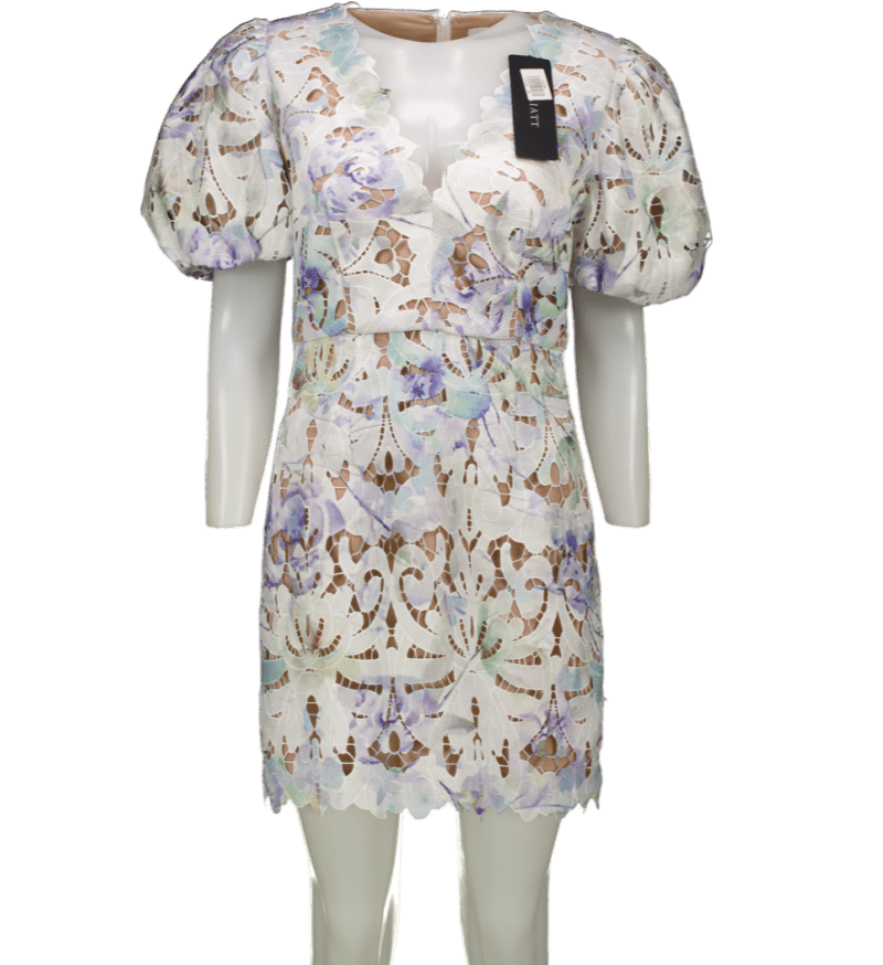 Elliatt Ivory / Multi Floral Seville Lace Puff Sleeve Dress UK 10 - Reliked