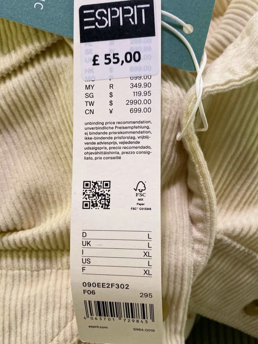 Esprit Cream Corduroy Long Sleeve Shirt L - Reliked