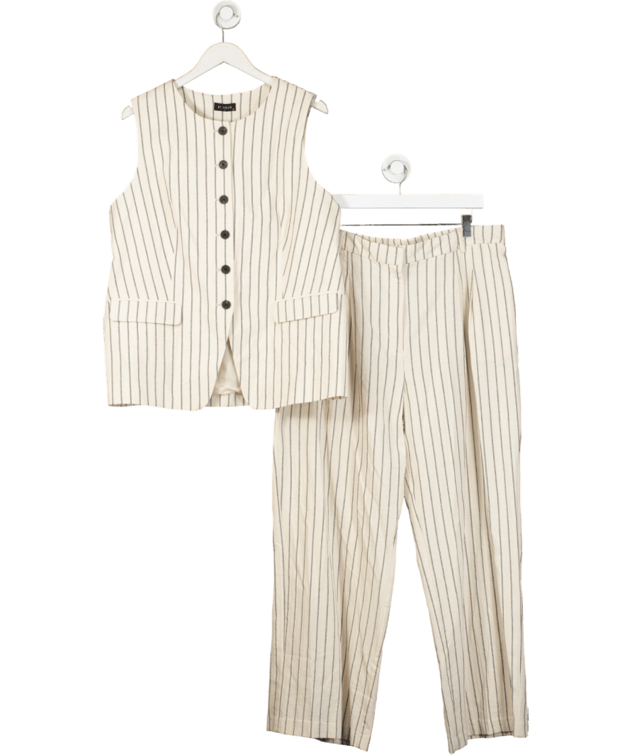 Et Vous Cream Linen Blend Stripe Waistcoat And Wide Leg Trouser Set UK 18 - Reliked