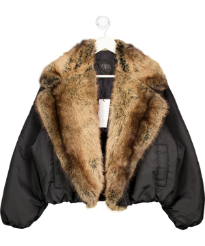 ZARA Black Faux Fur Collar Bomber Jacket UK S
