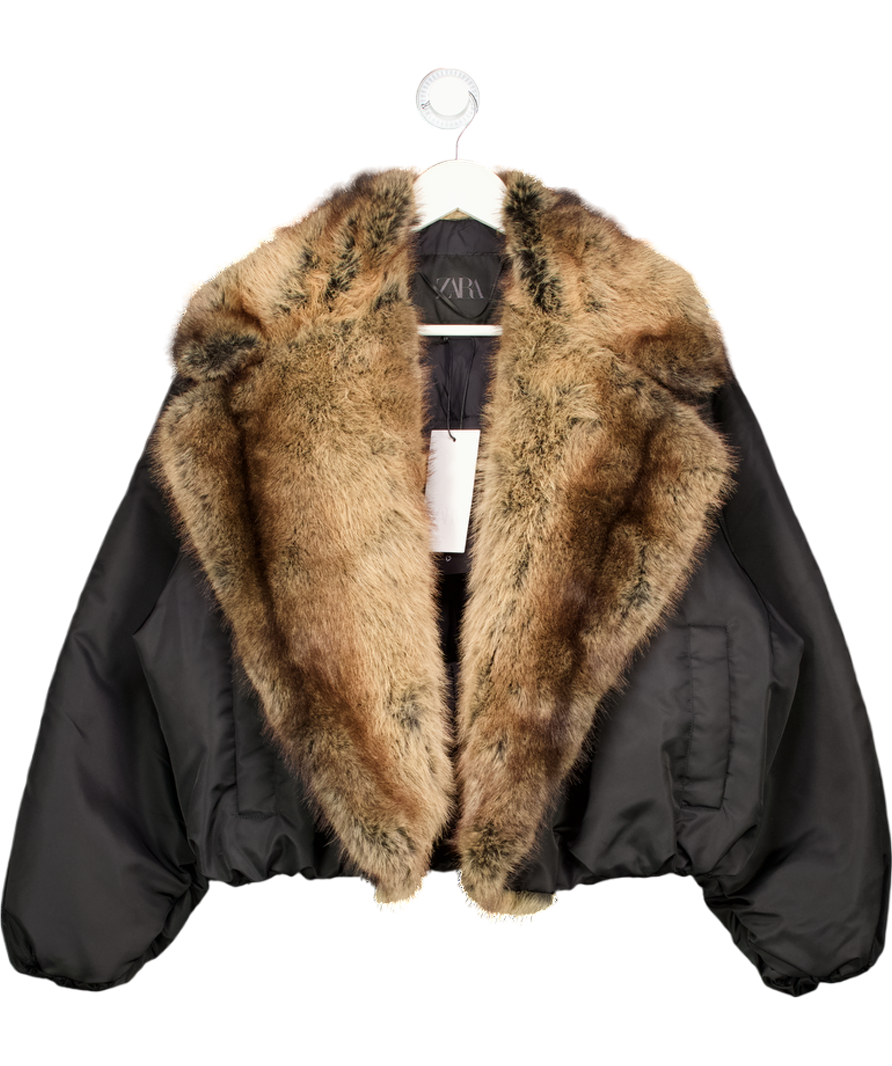 ZARA Black Faux Fur Collar Bomber Jacket UK S
