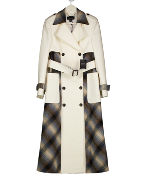 Karen Millen Cream Wool & Grey Check Tailored Belted Trench Midi Coat UK 8