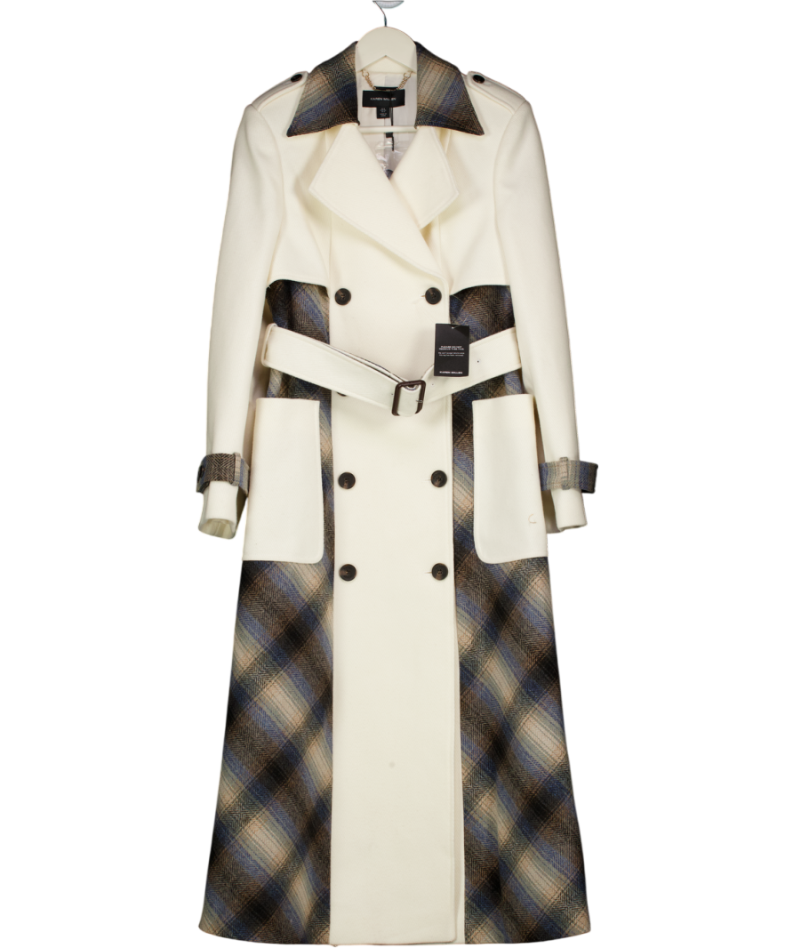 Karen Millen Cream Wool & Grey Check Tailored Belted Trench Midi Coat UK 8