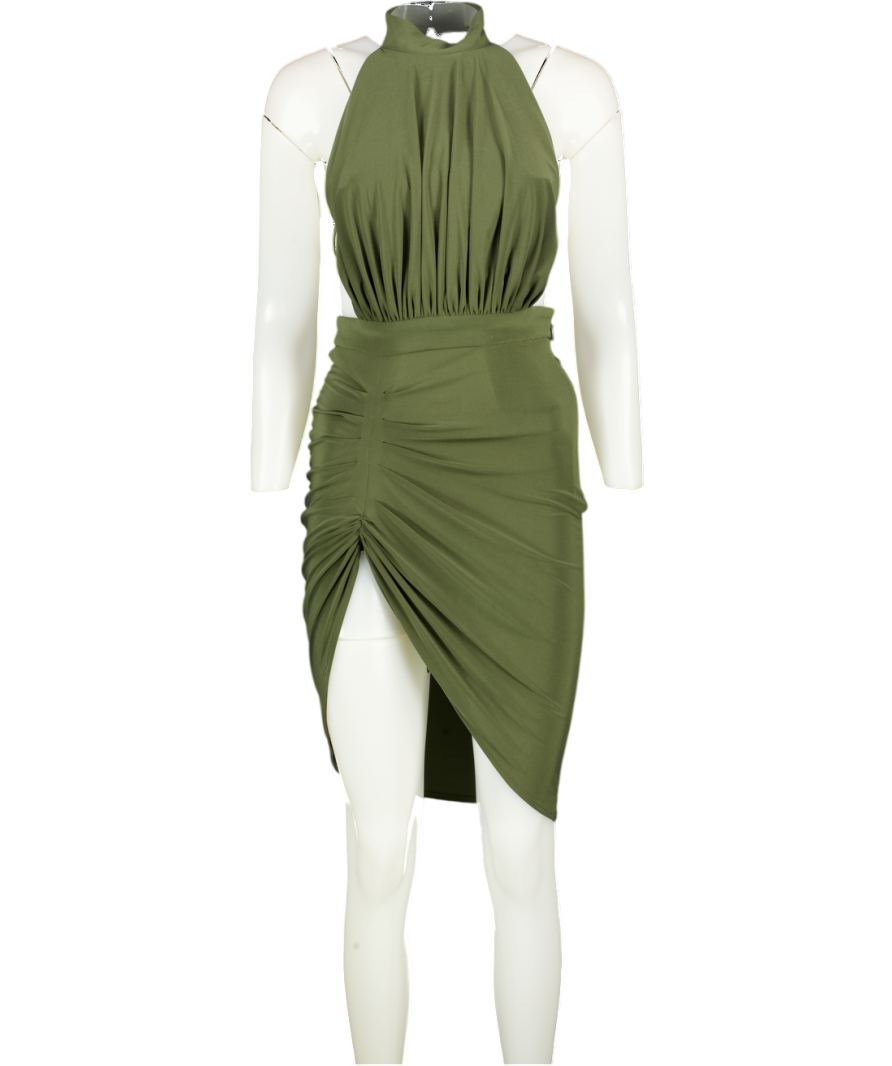 House of CB Green Raquela  Khaki Slinky High Neck Backless Midi Dress UK XS