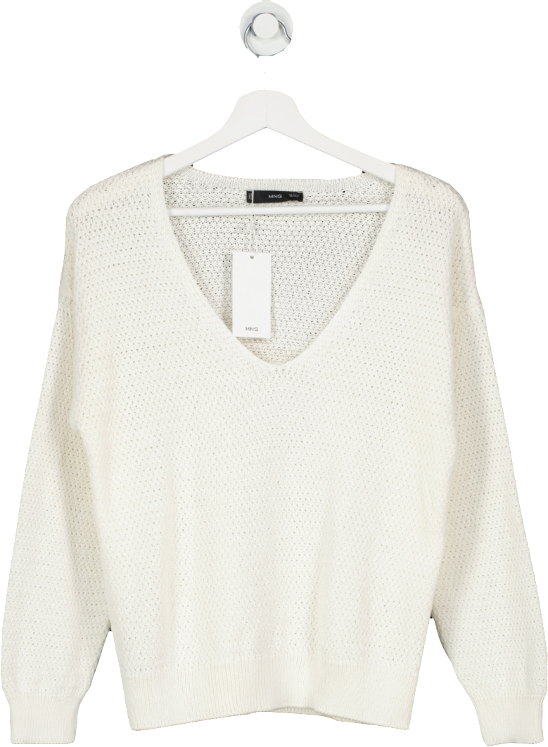 MANGO Cream V-neck Cotton Sweater UK XS