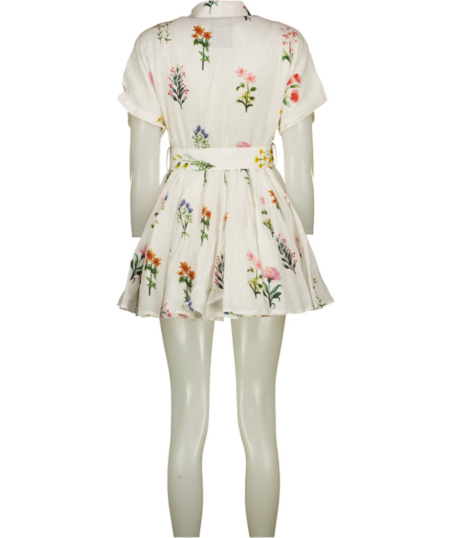 CHIC LE FRIQUE White Floral Belted Linen Mini Dress UK XS