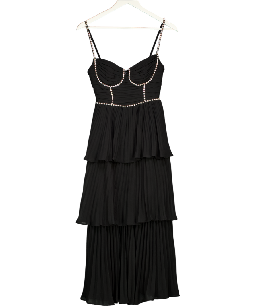 SELF PORTRAIT Black Chiffon Tiered Crystal Embellished Midi Dress UK 4