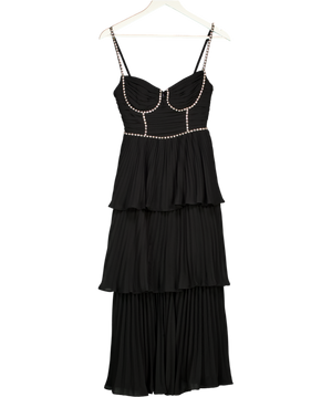 SELF PORTRAIT Black Chiffon Tiered Crystal Embellished Midi Dress UK 4