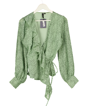 Influence Green Frilled Polka Dot Wrap Blouse UK 12