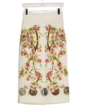 DOLCE & GABBANA Cream Floral Linen Pencil Skirt It40 UK 8