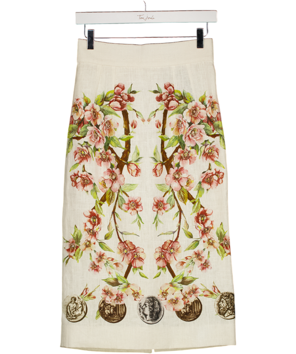 DOLCE & GABBANA Cream Floral Linen Pencil Skirt It40 UK 8