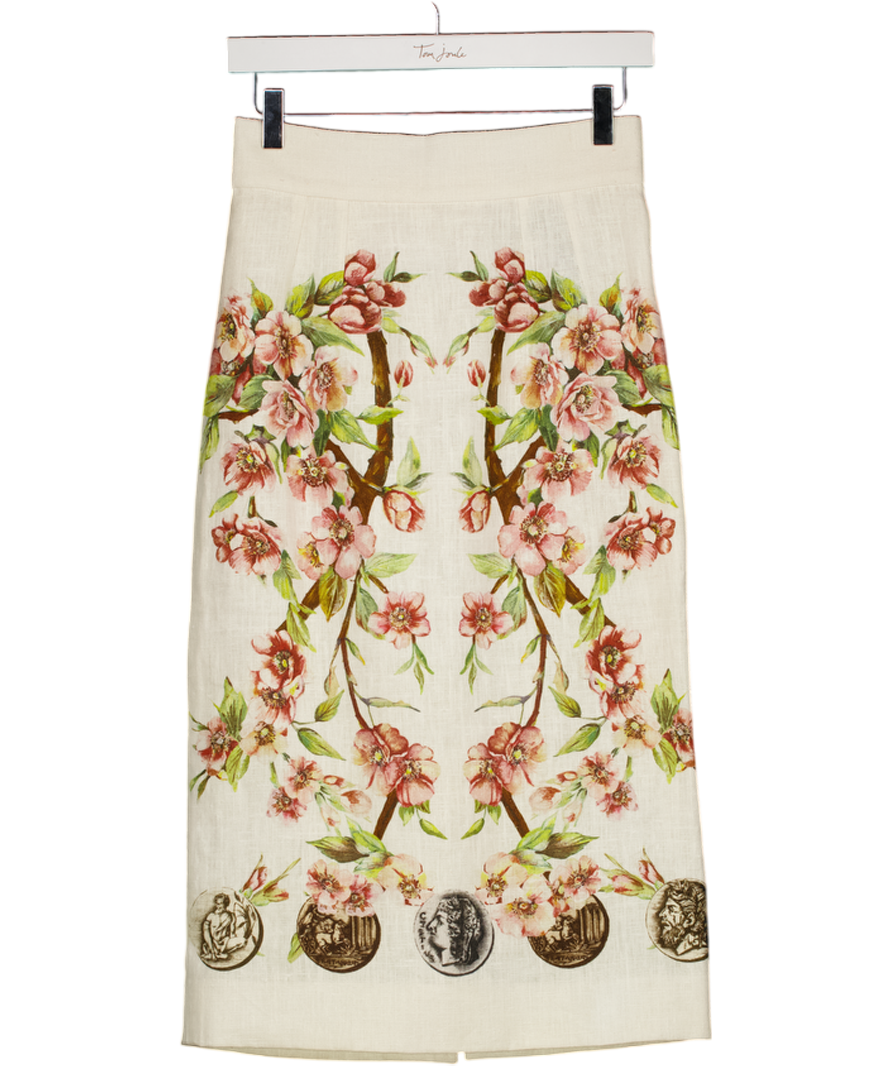 DOLCE & GABBANA Cream Floral Linen Pencil Skirt It40 UK 8