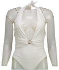 Karen Millen White Halter Neck Hardware Detail Plunge Swimsuit UK XS