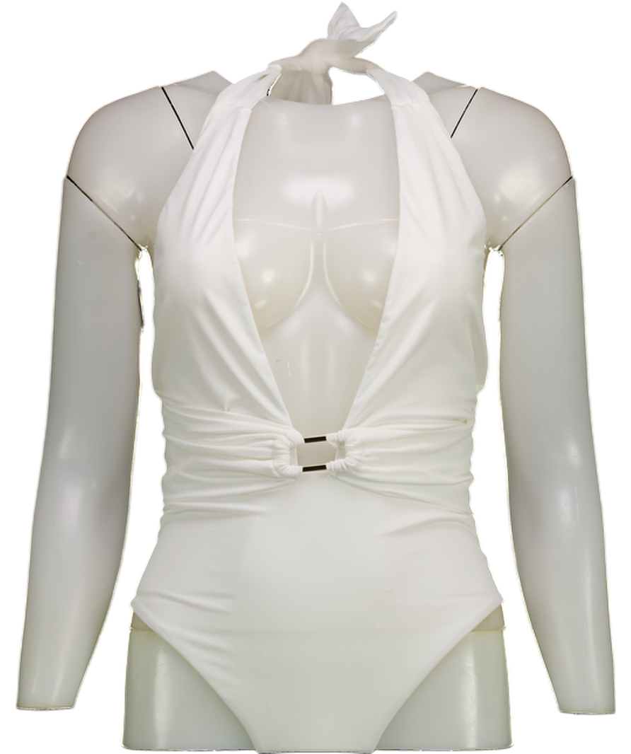 Karen Millen White Halter Neck Hardware Detail Plunge Swimsuit UK XS