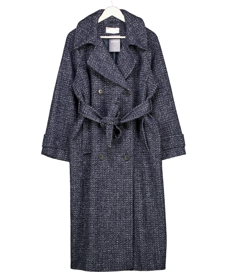 ASOS Blue Herringbone Belted Double Breasted Coat UK 10