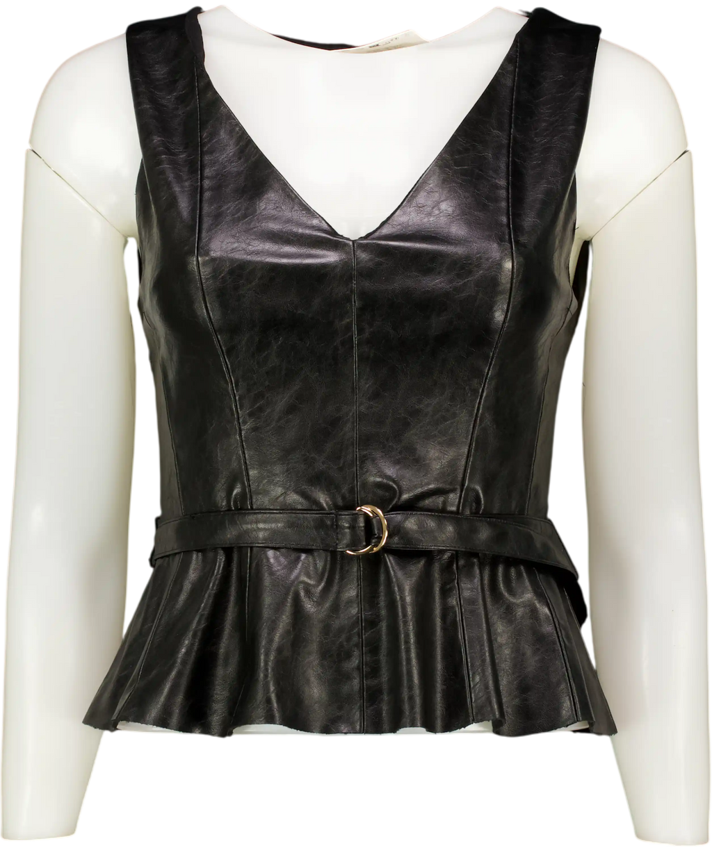 ZARA Black Faux Leather Belted Top UK XS