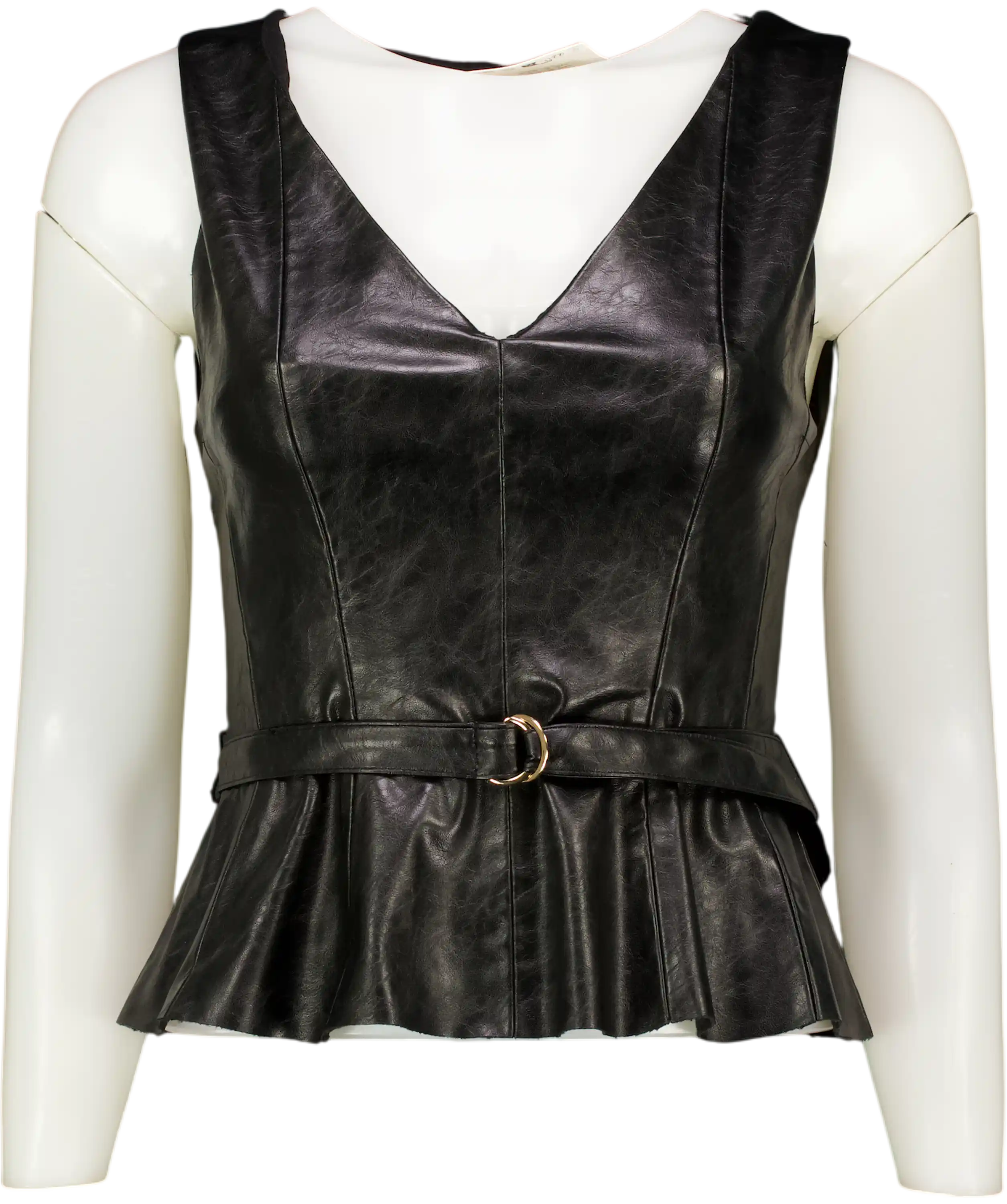 ZARA Black Faux Leather Belted Top UK XS