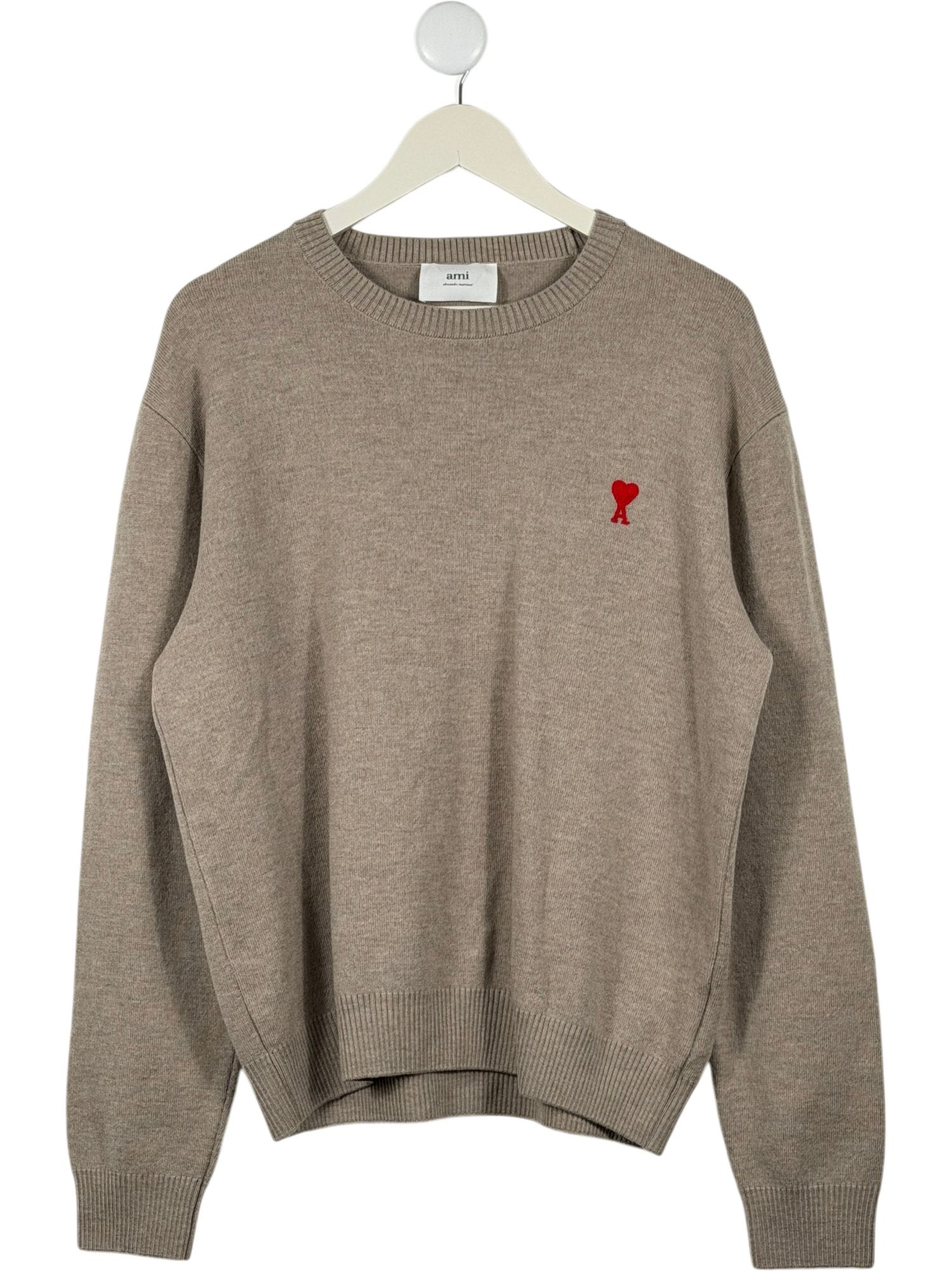 AMI PARIS Brown Extrafine Merino Wool Heart Logo Jumper UK M