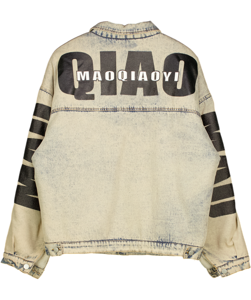 Aelfric Eden Blue Japan Inspired Printed Denim Jacket With Teddy Lining UK L