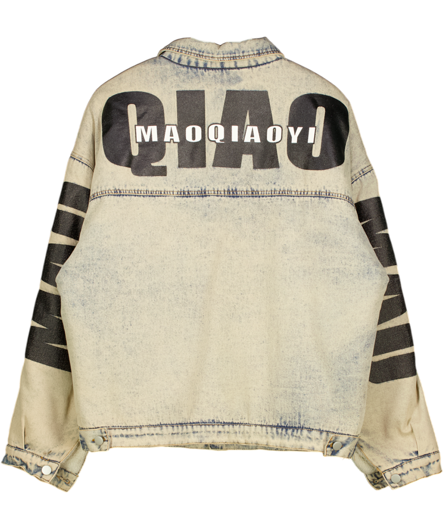 Aelfric Eden Blue Japan Inspired Printed Denim Jacket With Teddy Lining UK L