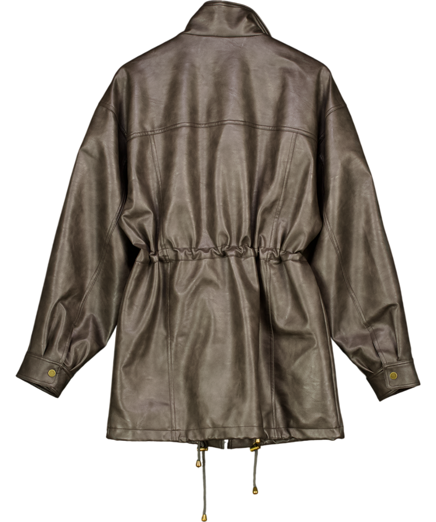 TOPSHOP Brown High Neck Drawstring Waist Leather Jacket UK M