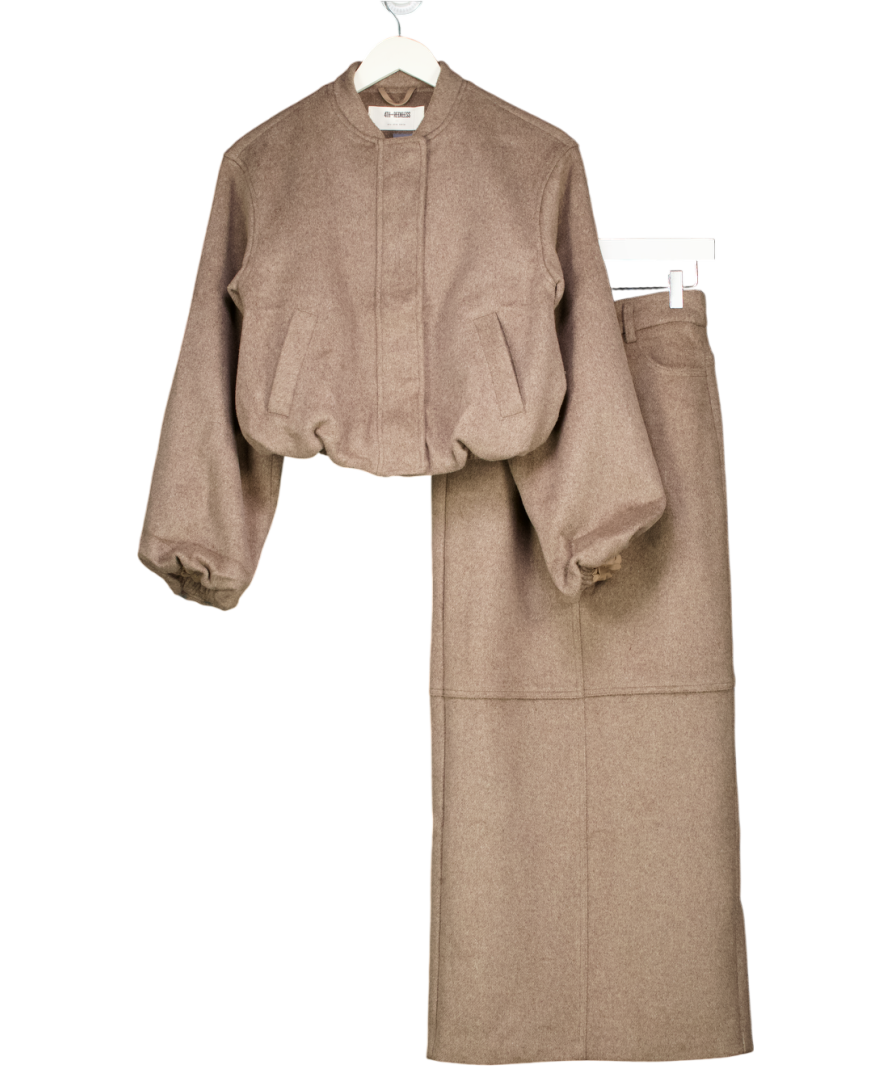 4th & Reckless Brown Wool Blend Balloon Sleeve Bomber Jacket & High Rise Maxi Skirt Set UK 6