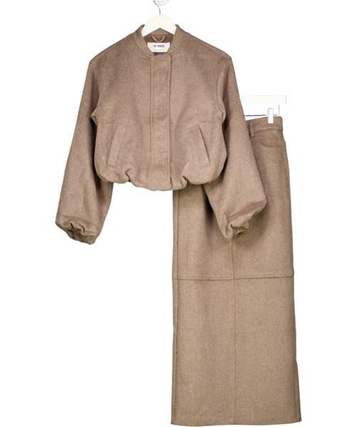 4th & Reckless Brown Wool Blend Balloon Sleeve Bomber Jacket & High Rise Maxi Skirt Set UK 6