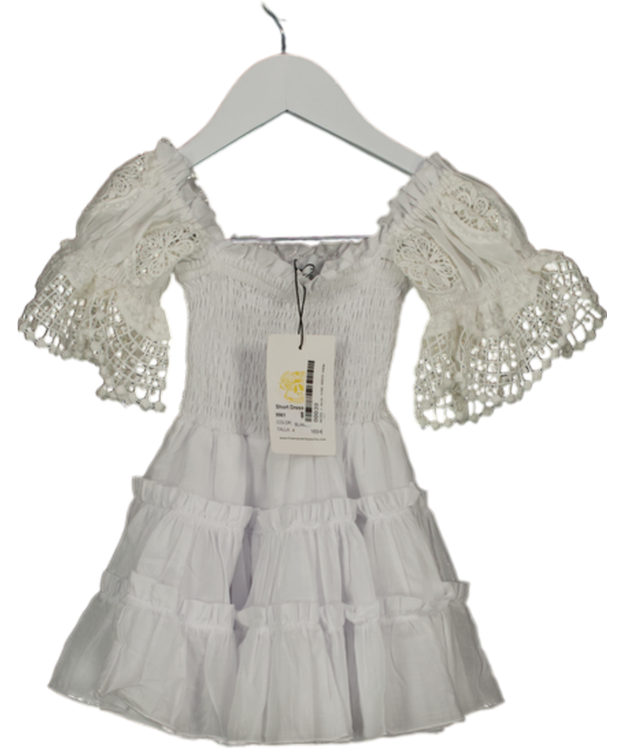 CHARO RUIZ KIDS White Shirred Crichet Lace Trimmed Dress 4 Years