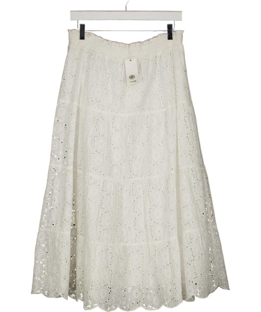 TORY BURCH White Broderie Smocked Midi Skirt UK M
