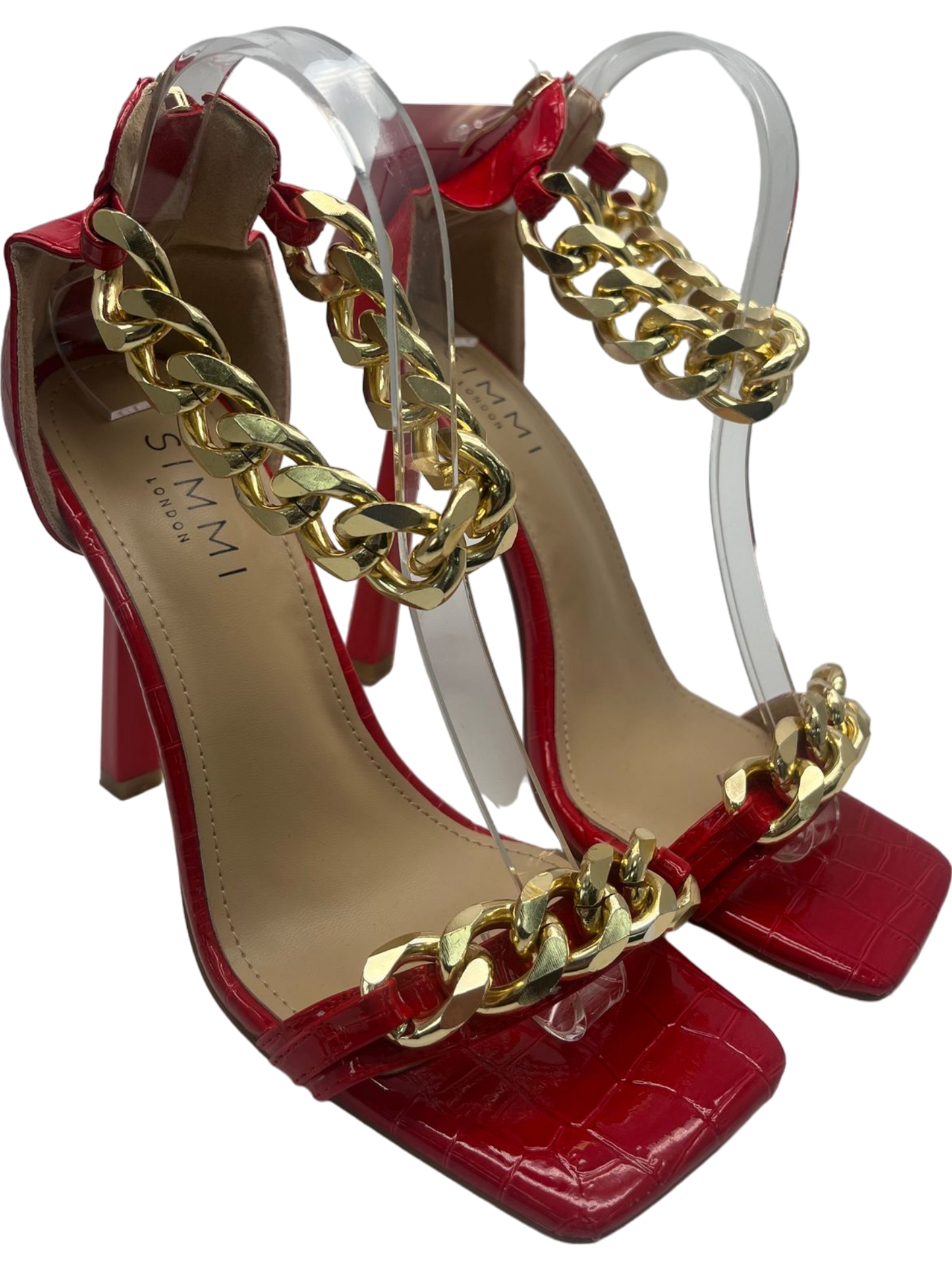 SIMMI LONDON Red Croc Effect High Heel Sandals with Gold Chain Detail UK 5