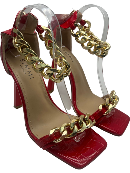 SIMMI LONDON Red Croc Effect High Heel Sandals with Gold Chain Detail UK 5