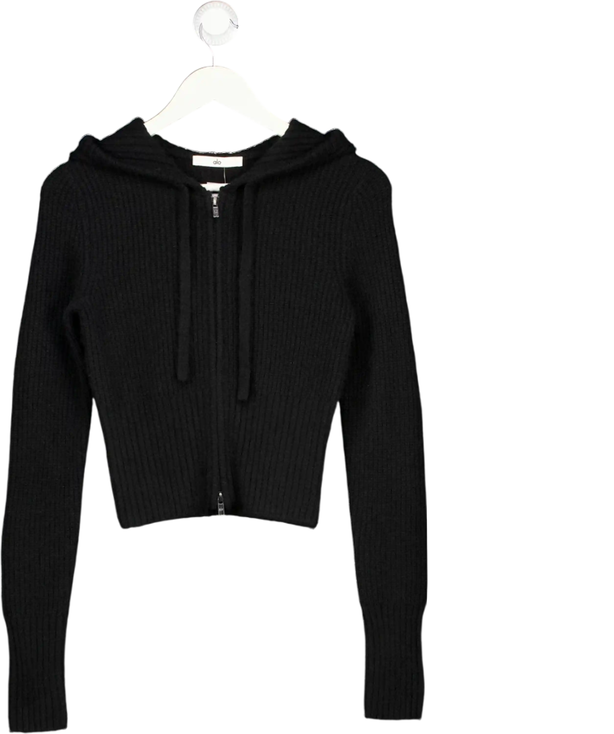 ALO Black Wool Cashmere Ribbed Noble Full Zip Hoodie UK XS